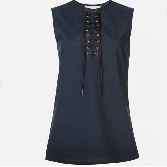 NWT $595 Jason Wu Lace Up Sleeveless Dress Shirt 6 navy black cotton tank USA - Picture 3 of 4